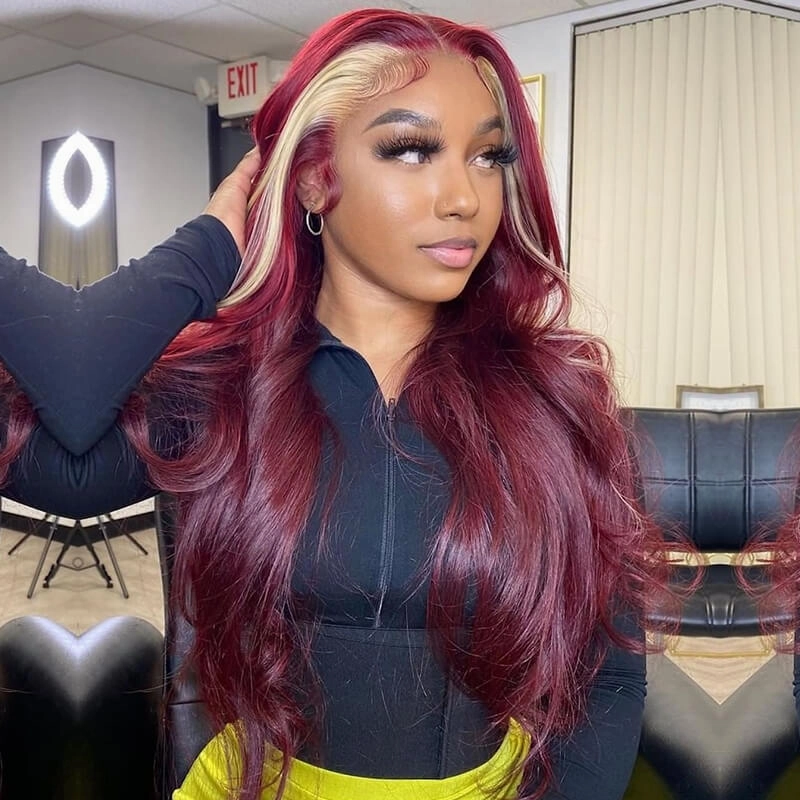 13x4 Lace Frontal Skunk Stripe Wig #613/99J Burgundy Color Highlight Body Wave/Straight Hair Lace Front Wigs-GeetaHair