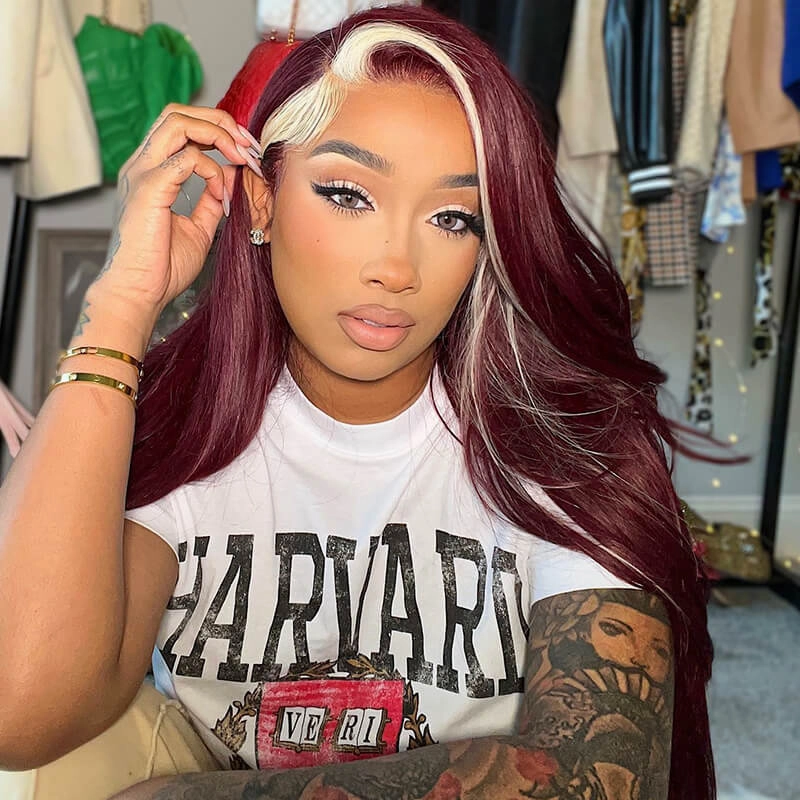 13x4 Lace Frontal Skunk Stripe Wig #613/99J Burgundy Color Highlight Body Wave/Straight Hair Lace Front Wigs-GeetaHair