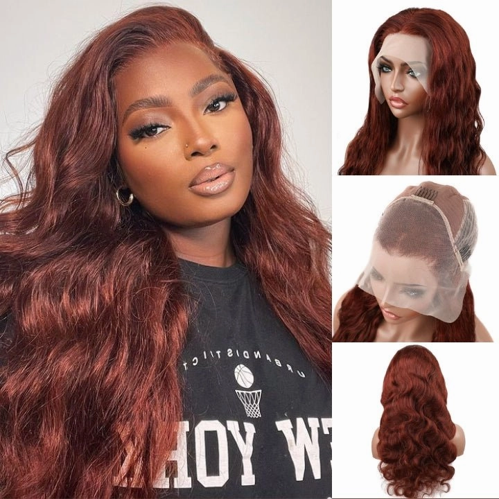 13x4 Reddish Brown HD Lace Front Human Hair Wigs Auburn Body Wave Transparent Lace Wig - Geeta Hair