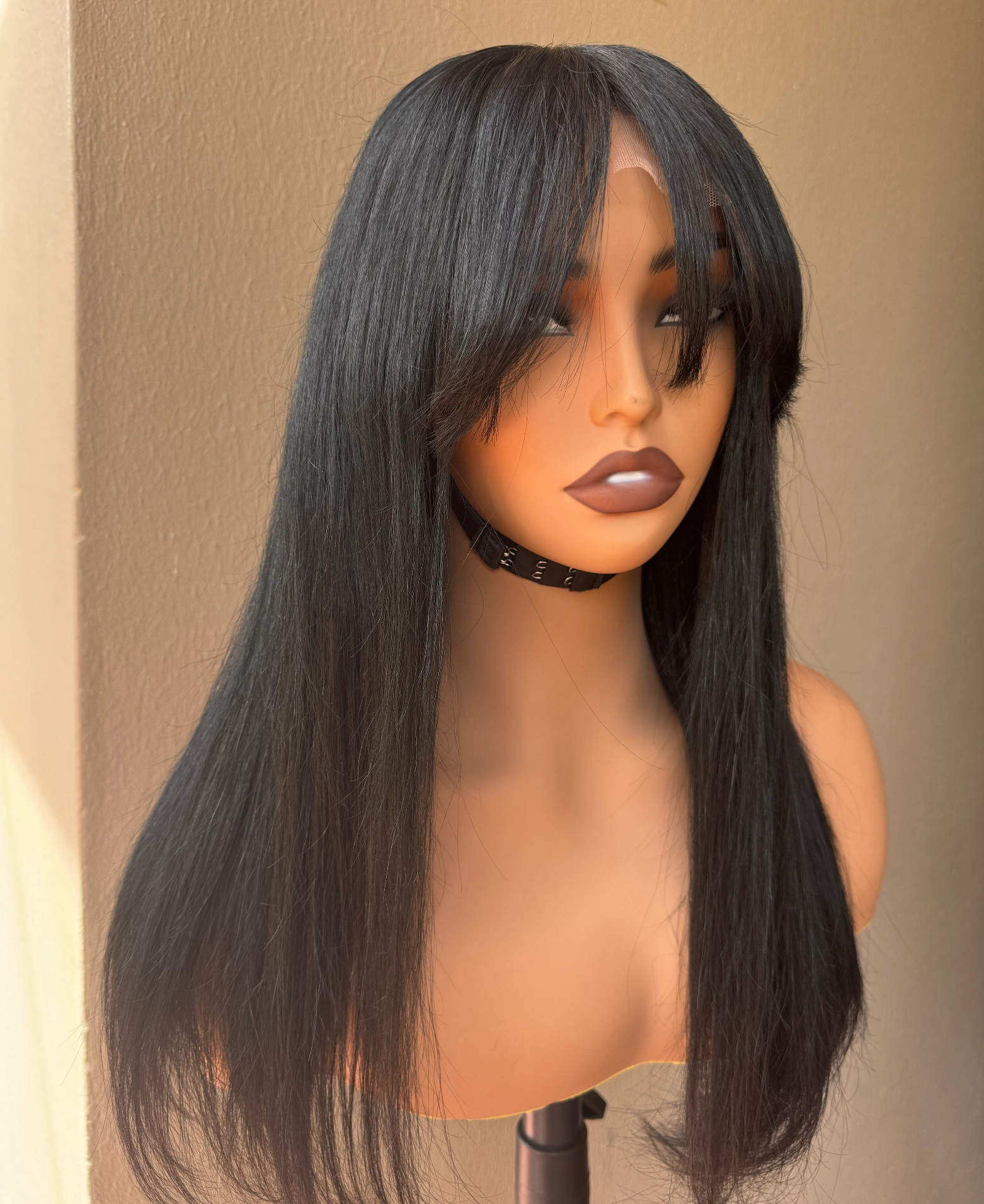16" #1 JET BLACK Vicki Human Hair 5x5" Fringe Wig