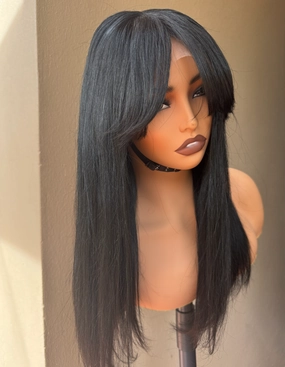 16" #1 JET BLACK Vicki Human Hair 5x5" Fringe Wig