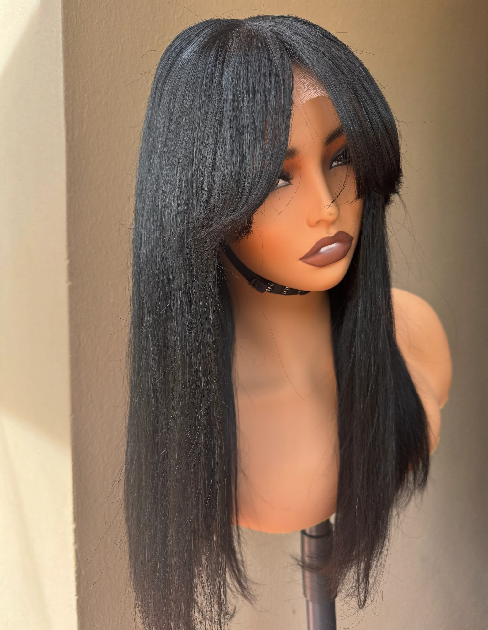 16" #1 JET BLACK Vicki Human Hair 5x5" Fringe Wig