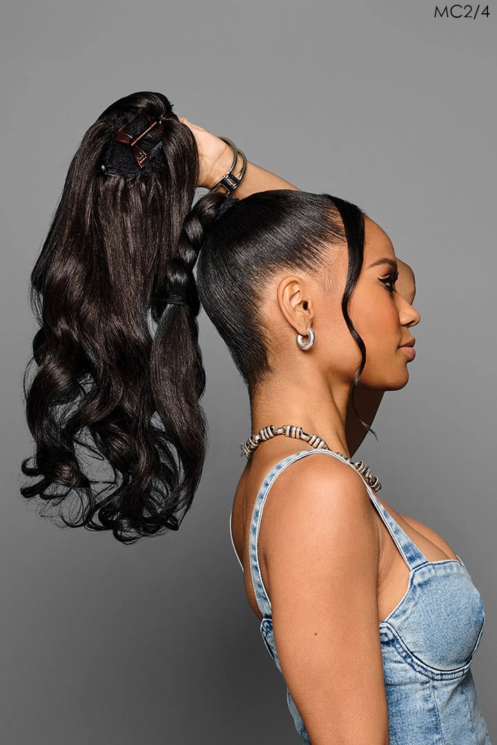 21" Lux Curls Claw Clip Pony by Kim Kimble | Heat Friendly Synthetic Hair