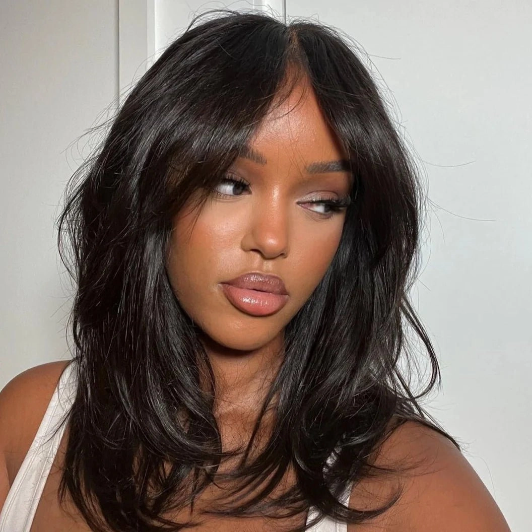 24 Hours Shipping Long Natural Wavy Curtain Bangs Glueless 5x5 HD Lace Closure Wig Easy to Wear Lace Human Hair Bob Wigs-GeetaHair