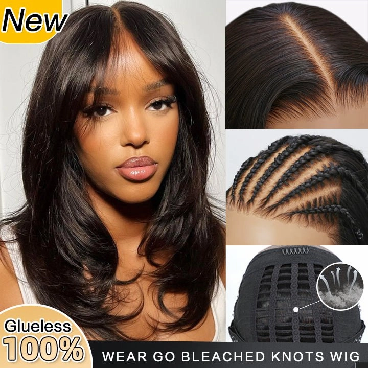 24 Hours Shipping Long Natural Wavy Curtain Bangs Glueless 5x5 HD Lace Closure Wig Easy to Wear Lace Human Hair Bob Wigs-GeetaHair