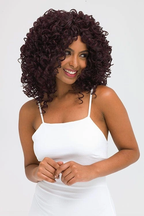 Afro, corkscrew curly lace front wig, black and purple: Anna