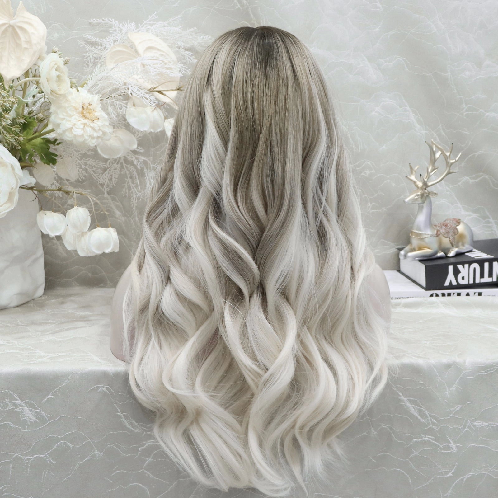 April Dark Roots Ombre Silver Grey to Blonde Wavy Synthetic Lace Wig