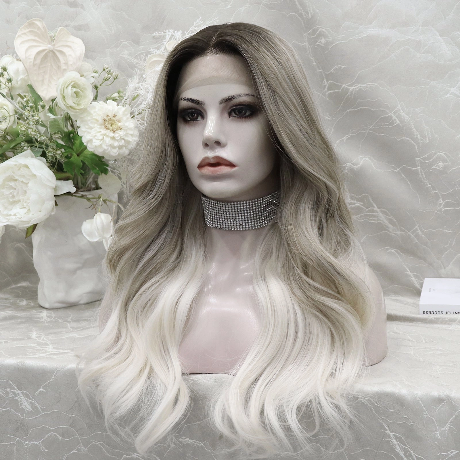 April Dark Roots Ombre Silver Grey to Blonde Wavy Synthetic Lace Wig