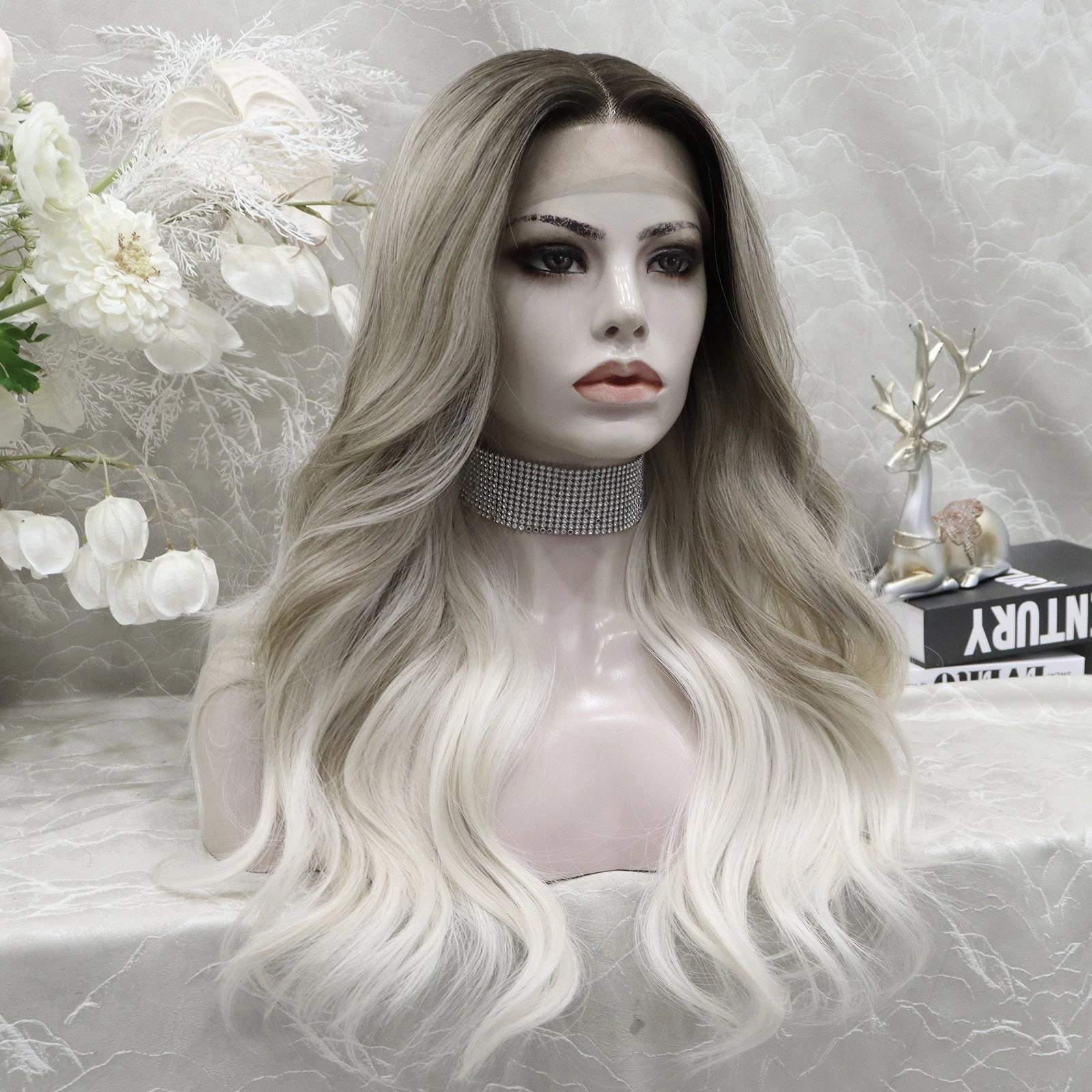 April Dark Roots Ombre Silver Grey to Blonde Wavy Synthetic Lace Wig