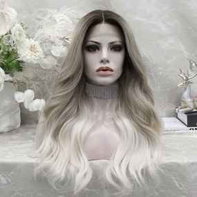 April Dark Roots Ombre Silver Grey to Blonde Wavy Synthetic Lace Wig