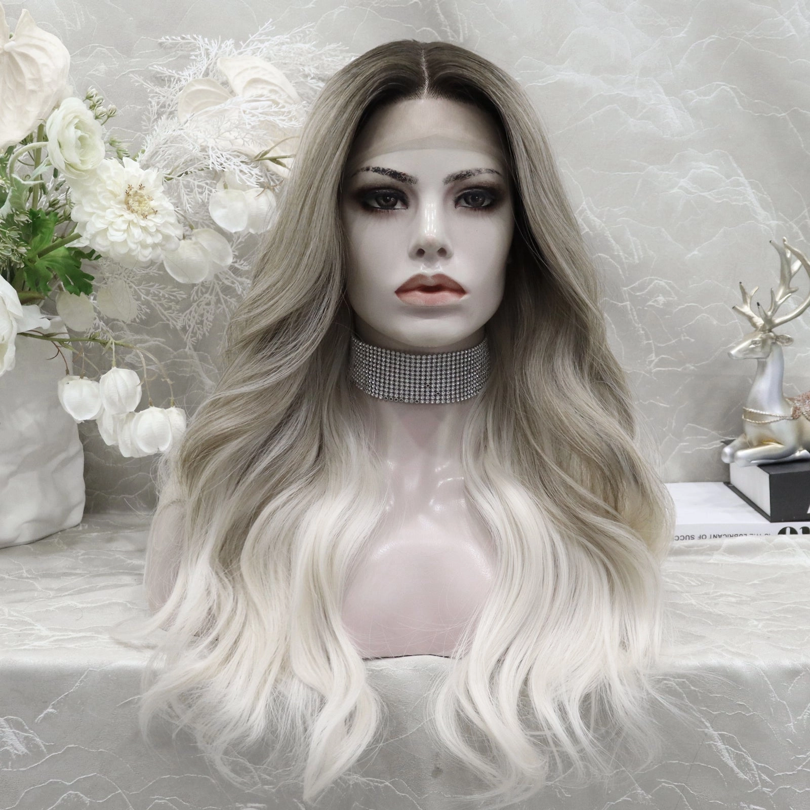 April Dark Roots Ombre Silver Grey to Blonde Wavy Synthetic Lace Wig