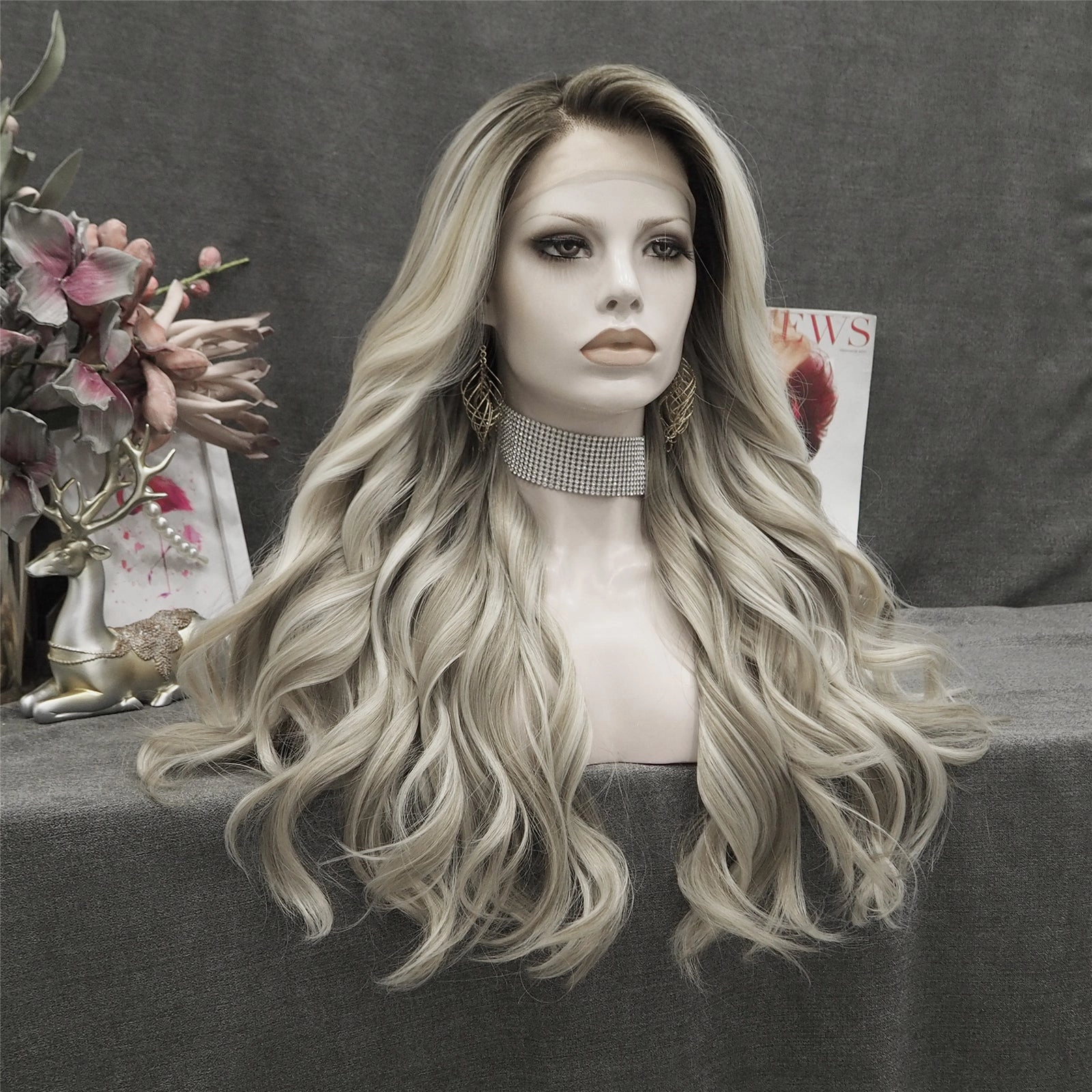 Ashely-Ombre dark blonde loose curly synthetic lace front wigs