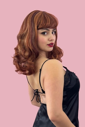 Auburn pinup style wig, finger waved with short fringe, 1950s style: Heidi