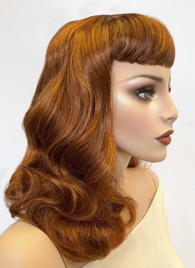 Auburn pinup style wig, finger waved with short fringe, 1950s style: Heidi