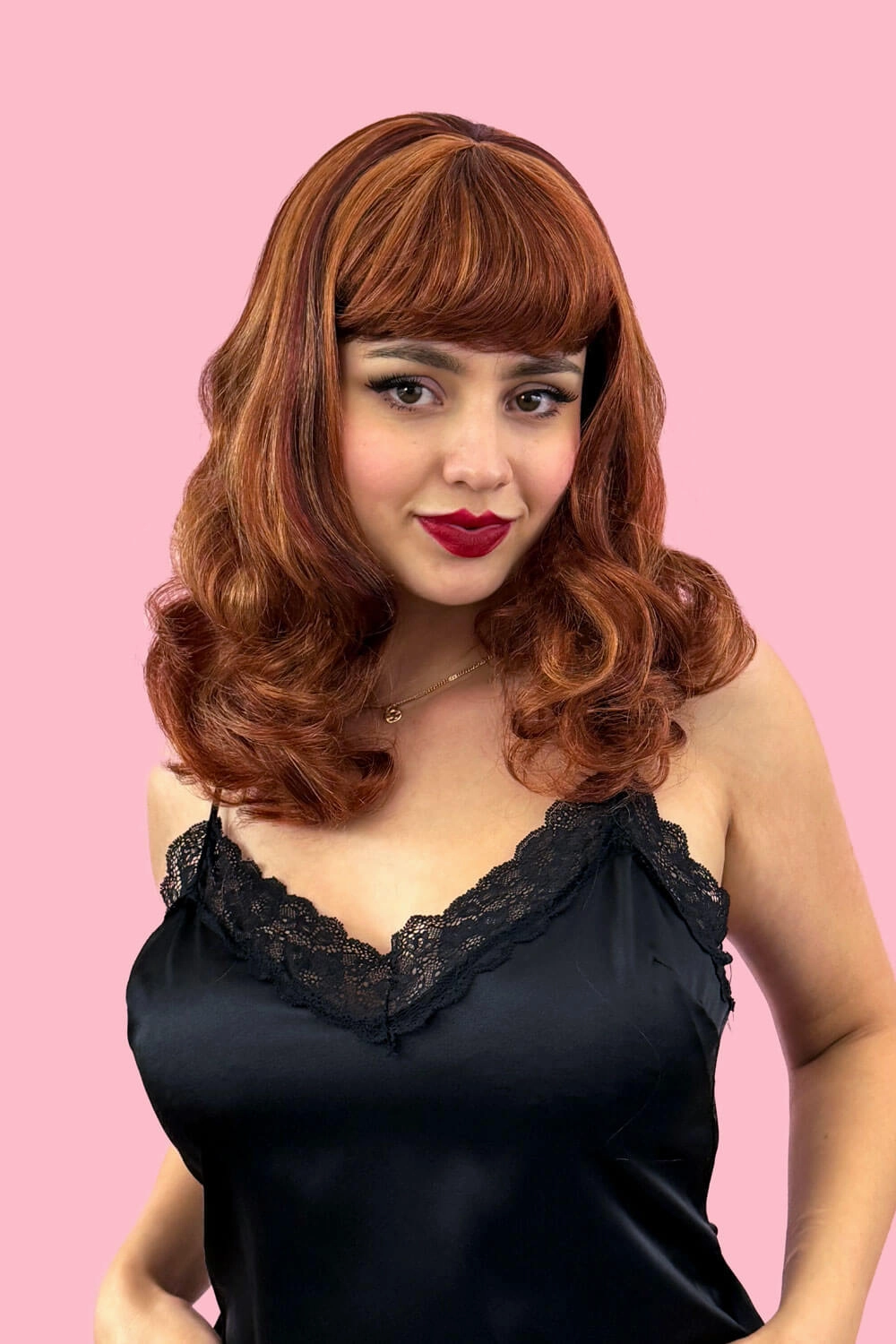 Auburn pinup style wig, finger waved with short fringe, 1950s style: Heidi