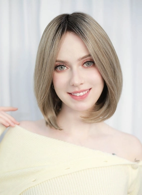 Balayage Blonde With Dark Roots Straight Mono Top Bob Lace Wig MN005