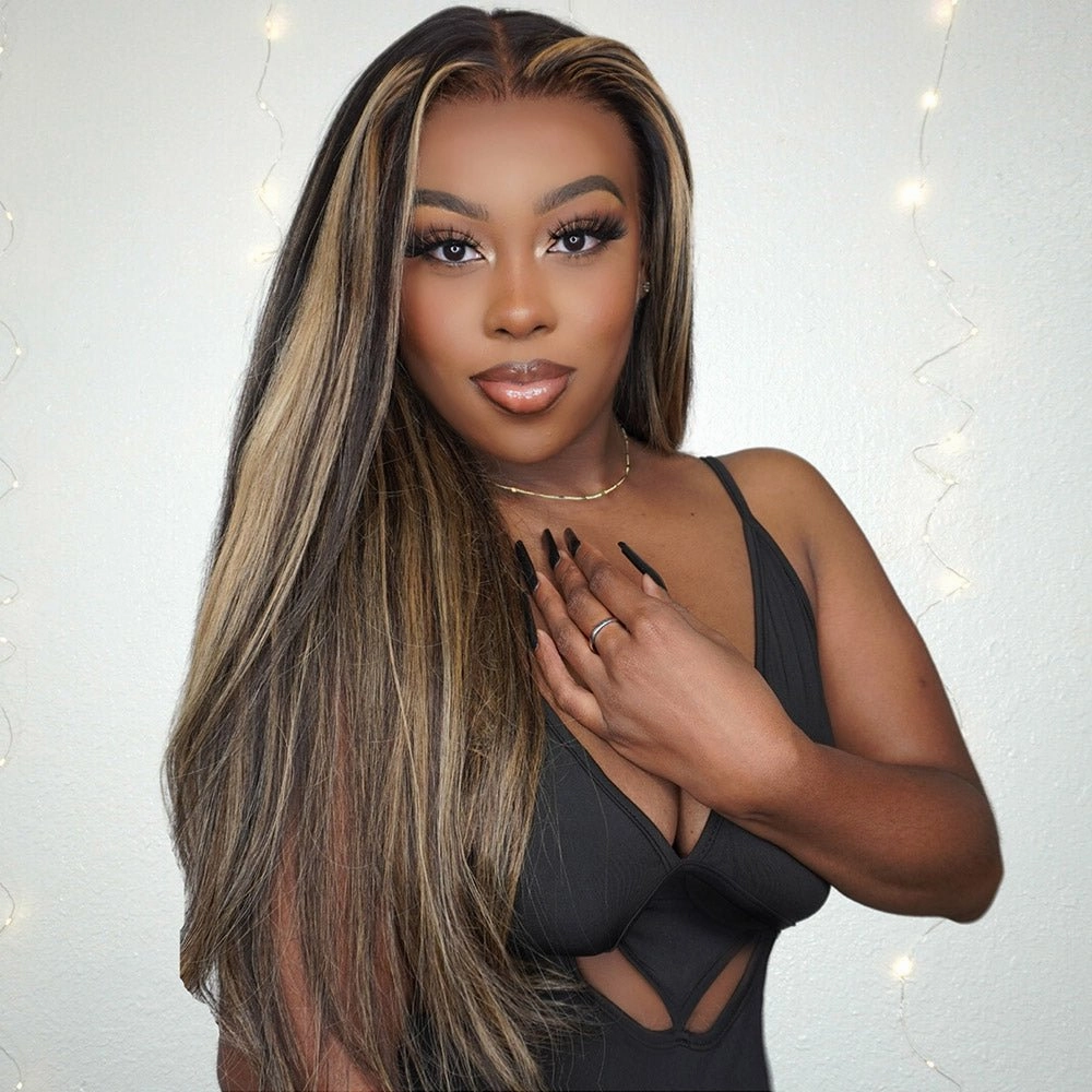 Balayage Straight Hair Honey Blonde 13x4/4x4 Lace Front Wig Face Frame Highlights Human Hair Wigs