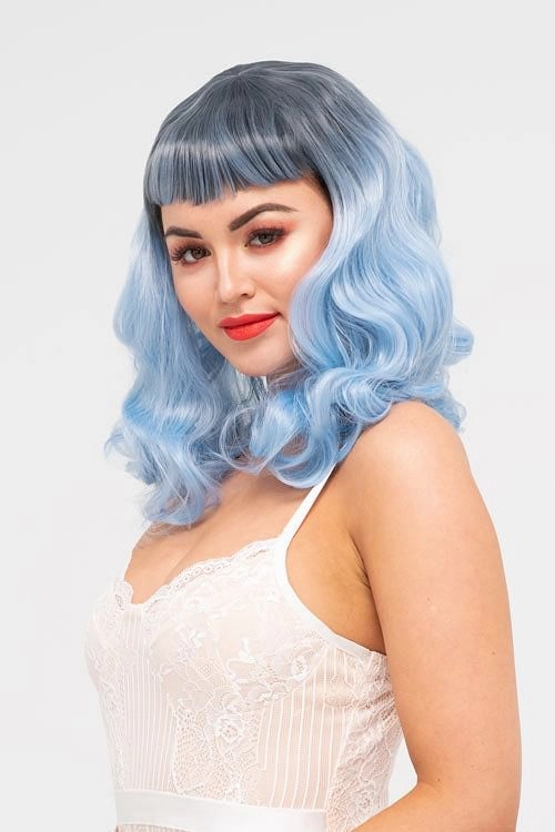 Black and blue pinup style wig, curled with short fringe, 1950s style: Luna