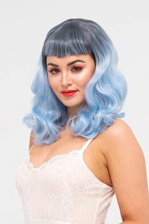 Black and blue pinup style wig, curled with short fringe, 1950s style: Luna