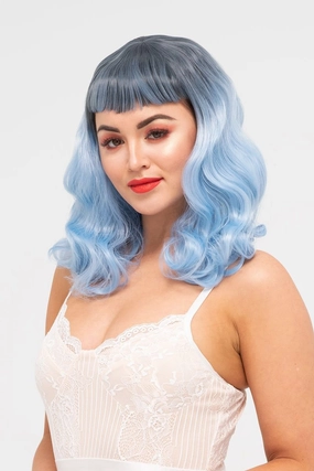 Black and blue pinup style wig, curled with short fringe, 1950s style: Luna