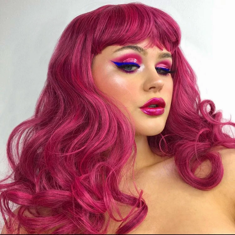 Black and pink pinup wig, curled with a short fringe, 1950s style: Billie