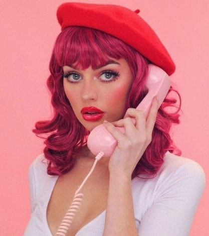 Black and pink pinup wig, curled with a short fringe, 1950s style: Billie