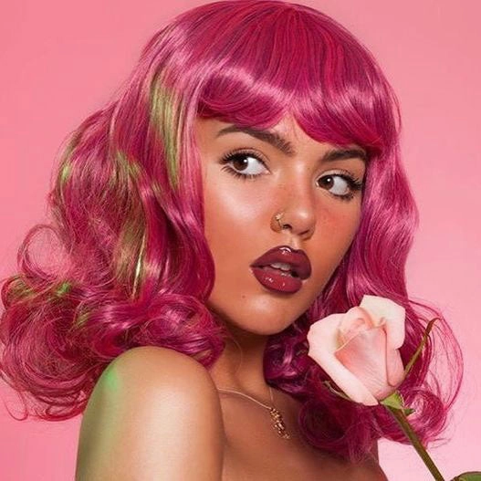 Black and pink pinup wig, curled with a short fringe, 1950s style: Billie