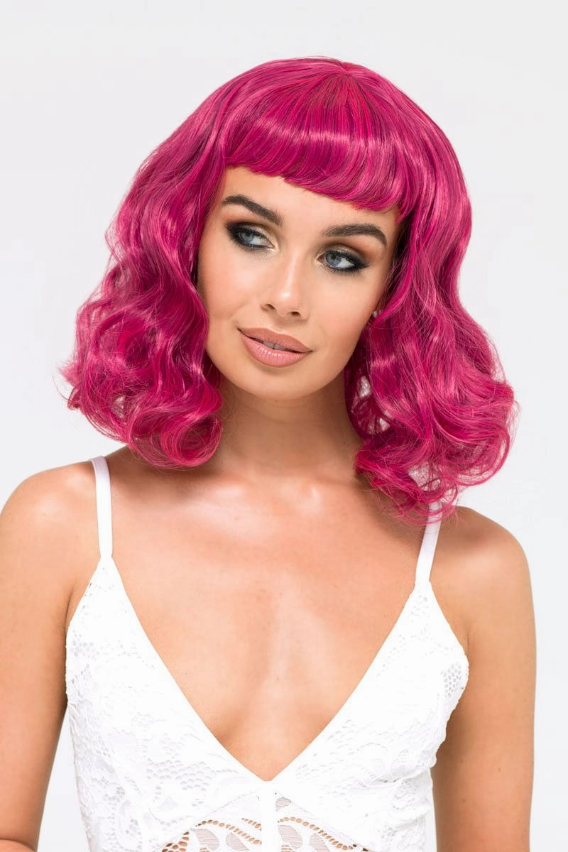 Black and pink pinup wig, curled with a short fringe, 1950s style: Billie