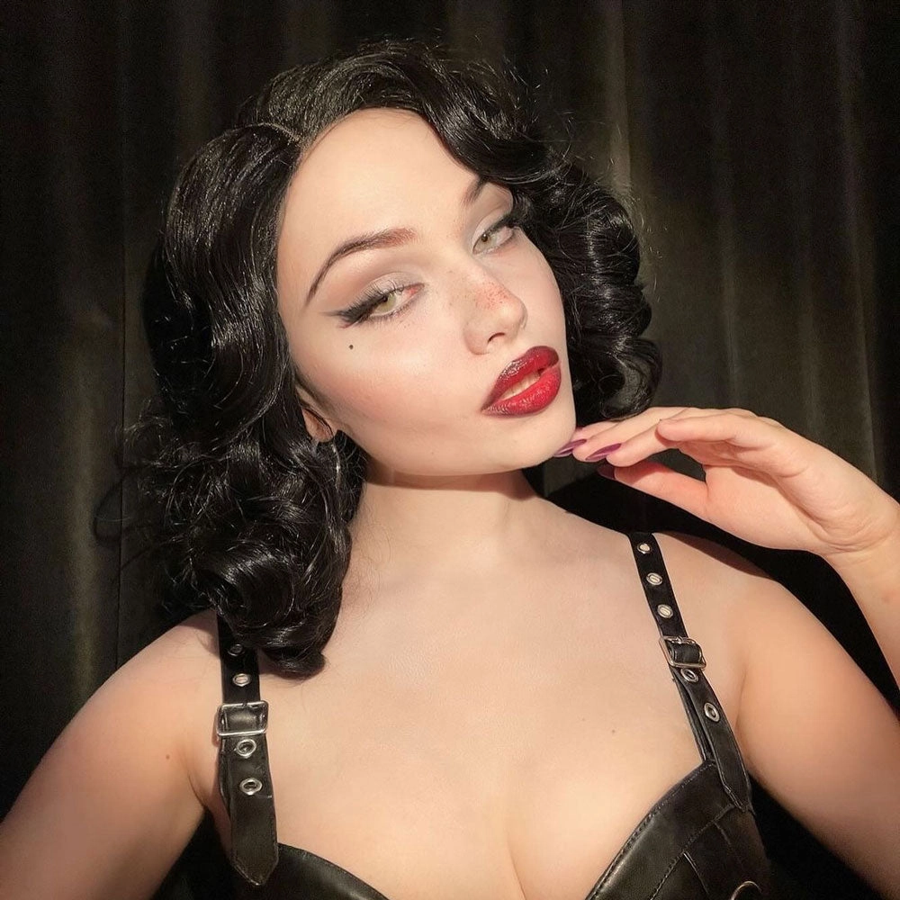 Black lacefront wig, pinup/vintage style, mid length with finger waves: Etta