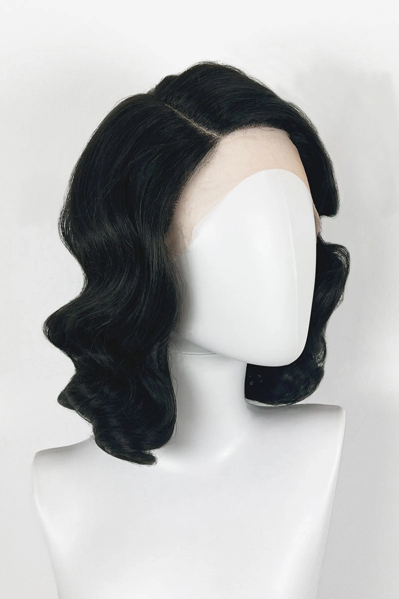 Black lacefront wig, pinup/vintage style, mid length with finger waves: Etta