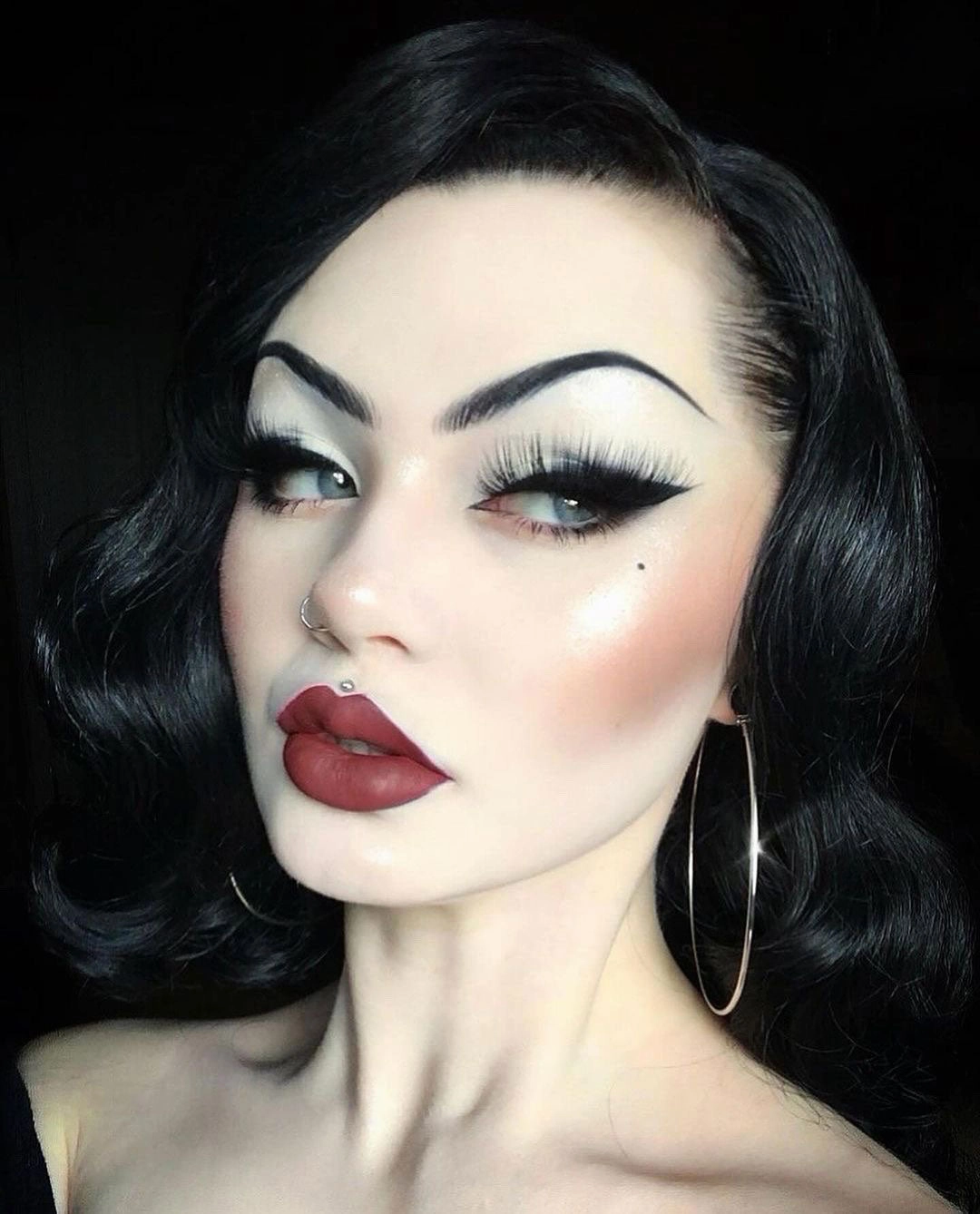 Black lacefront wig, pinup/vintage style, mid length with finger waves: Etta