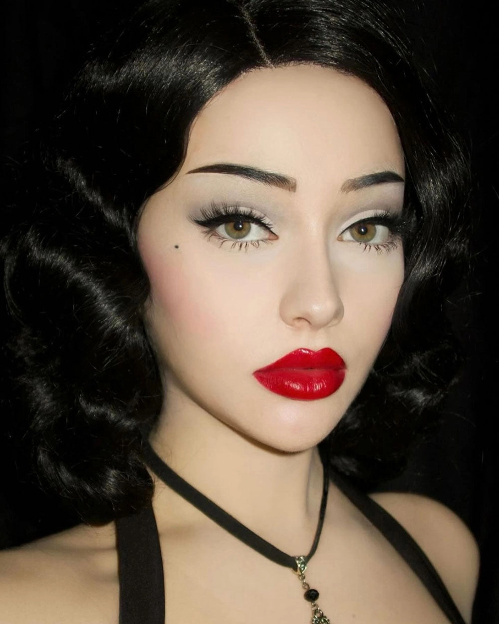 Black lacefront wig, pinup/vintage style, mid length with finger waves: Etta