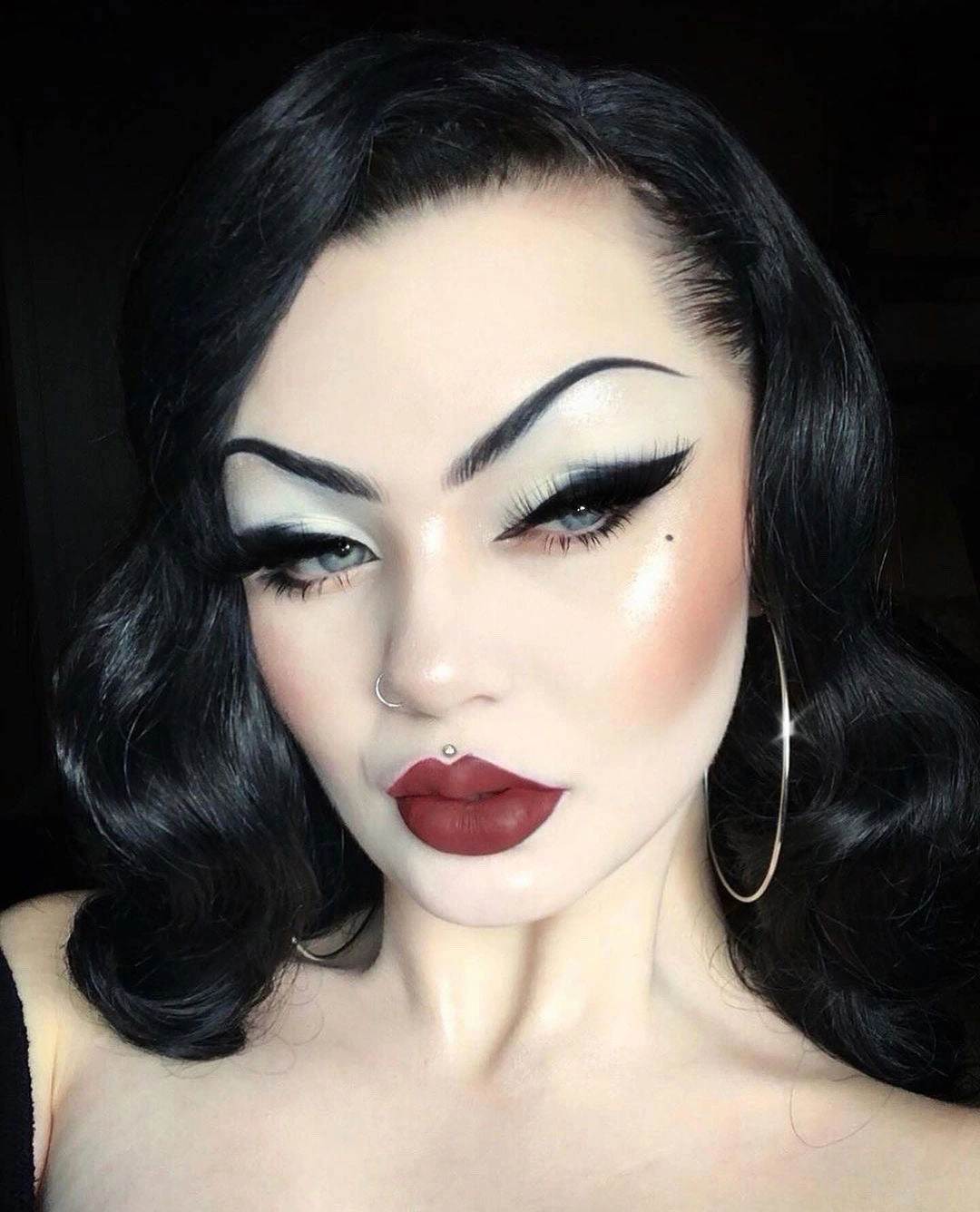 Black lacefront wig, pinup/vintage style, mid length with finger waves: Etta