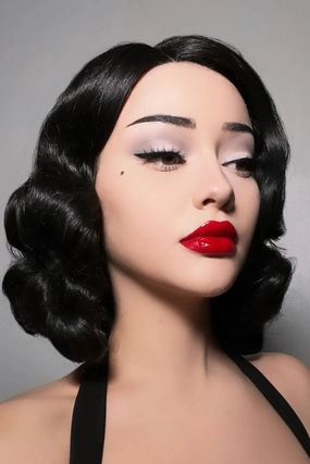 Black lacefront wig, pinup/vintage style, mid length with finger waves: Etta
