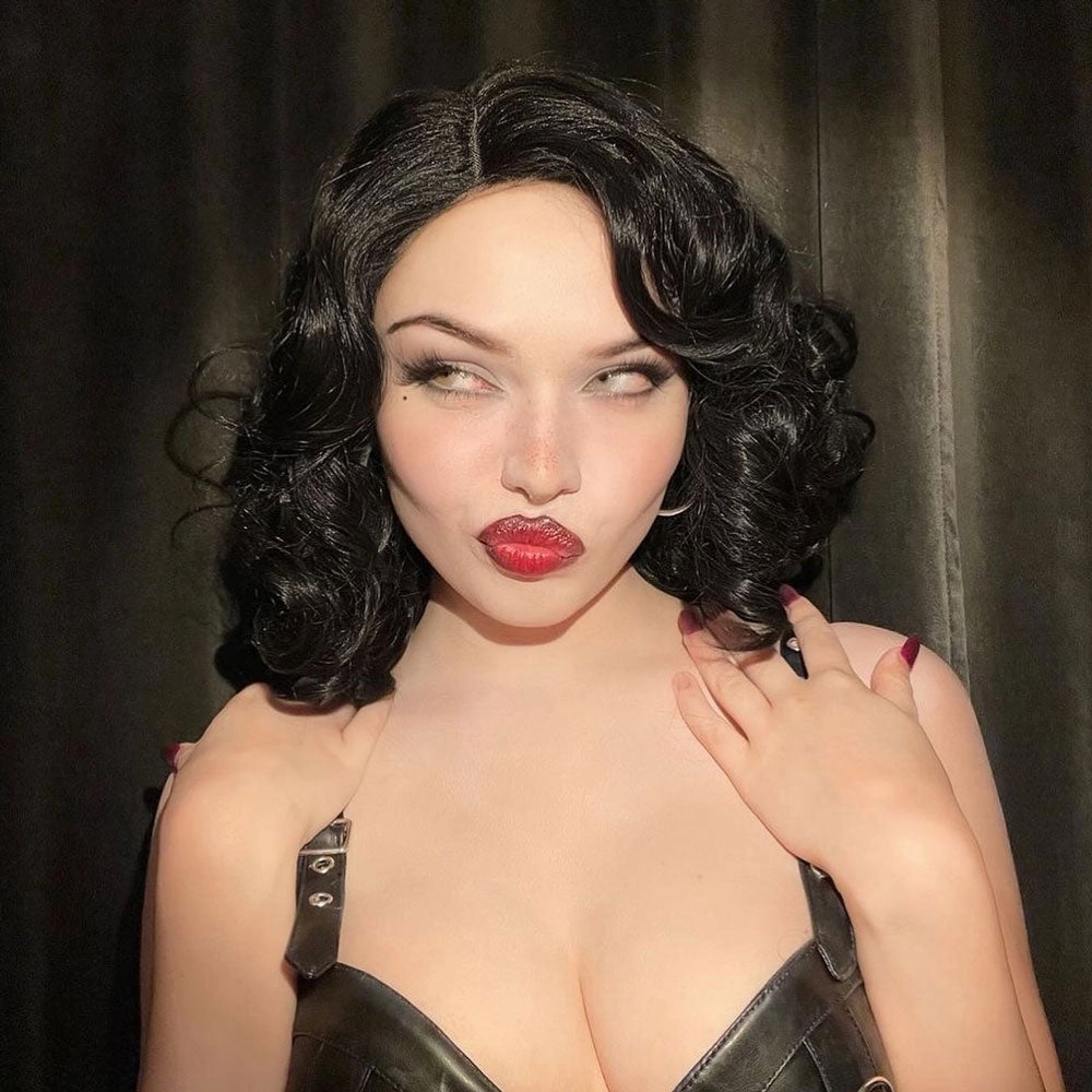 Black lacefront wig, pinup/vintage style, mid length with finger waves: Etta