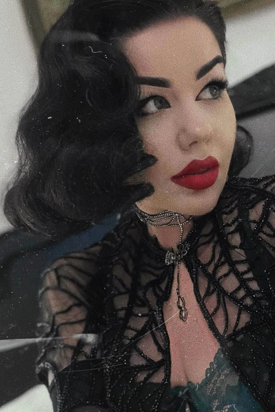 Black lacefront wig, pinup/vintage style, mid length with finger waves: Lilith