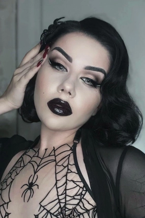 Black lacefront wig, pinup/vintage style, mid length with finger waves: Lilith