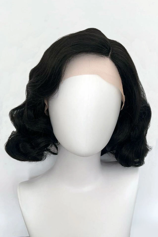 Black lacefront wig, pinup/vintage style, mid length with finger waves: Lilith