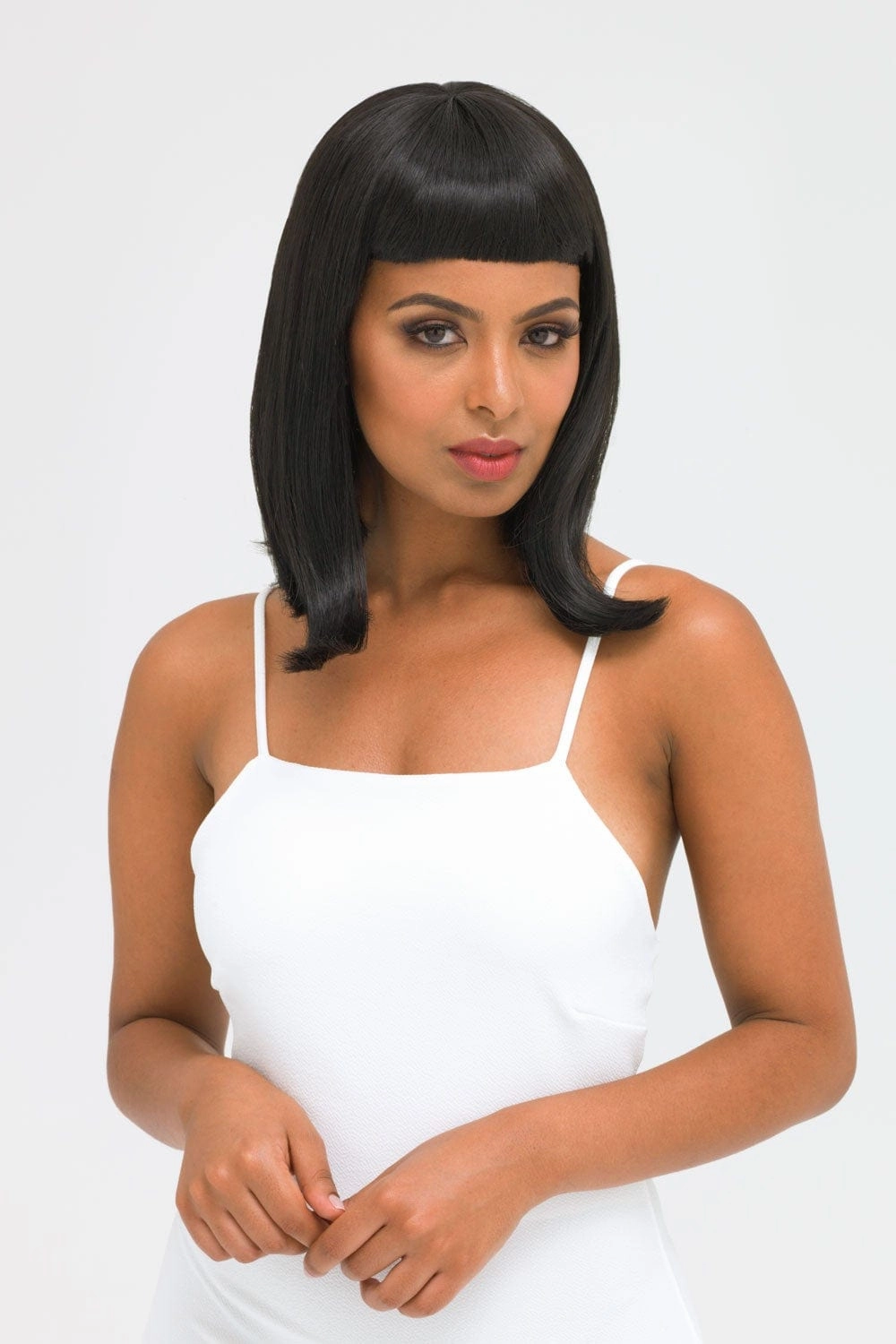 Black long bob wig with a short retro, rockabilly-style fringe: Beth