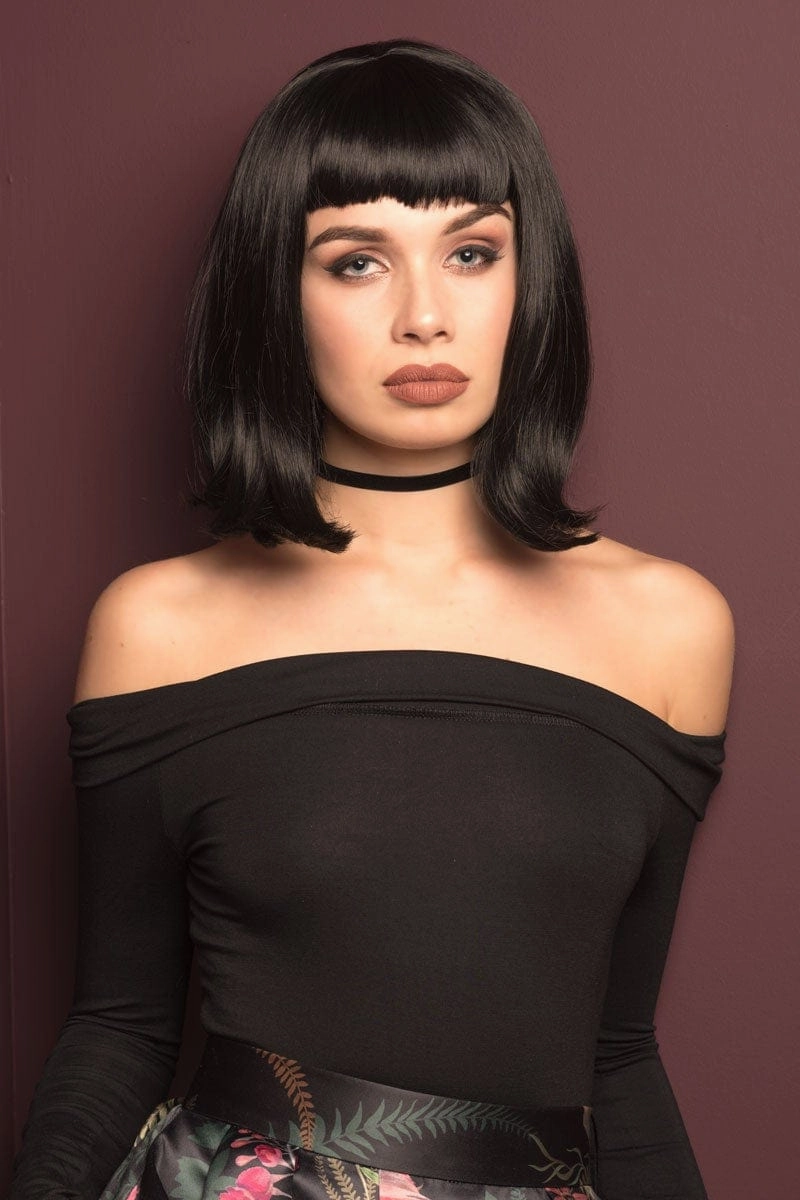 Black long bob wig with a short retro, rockabilly-style fringe: Beth