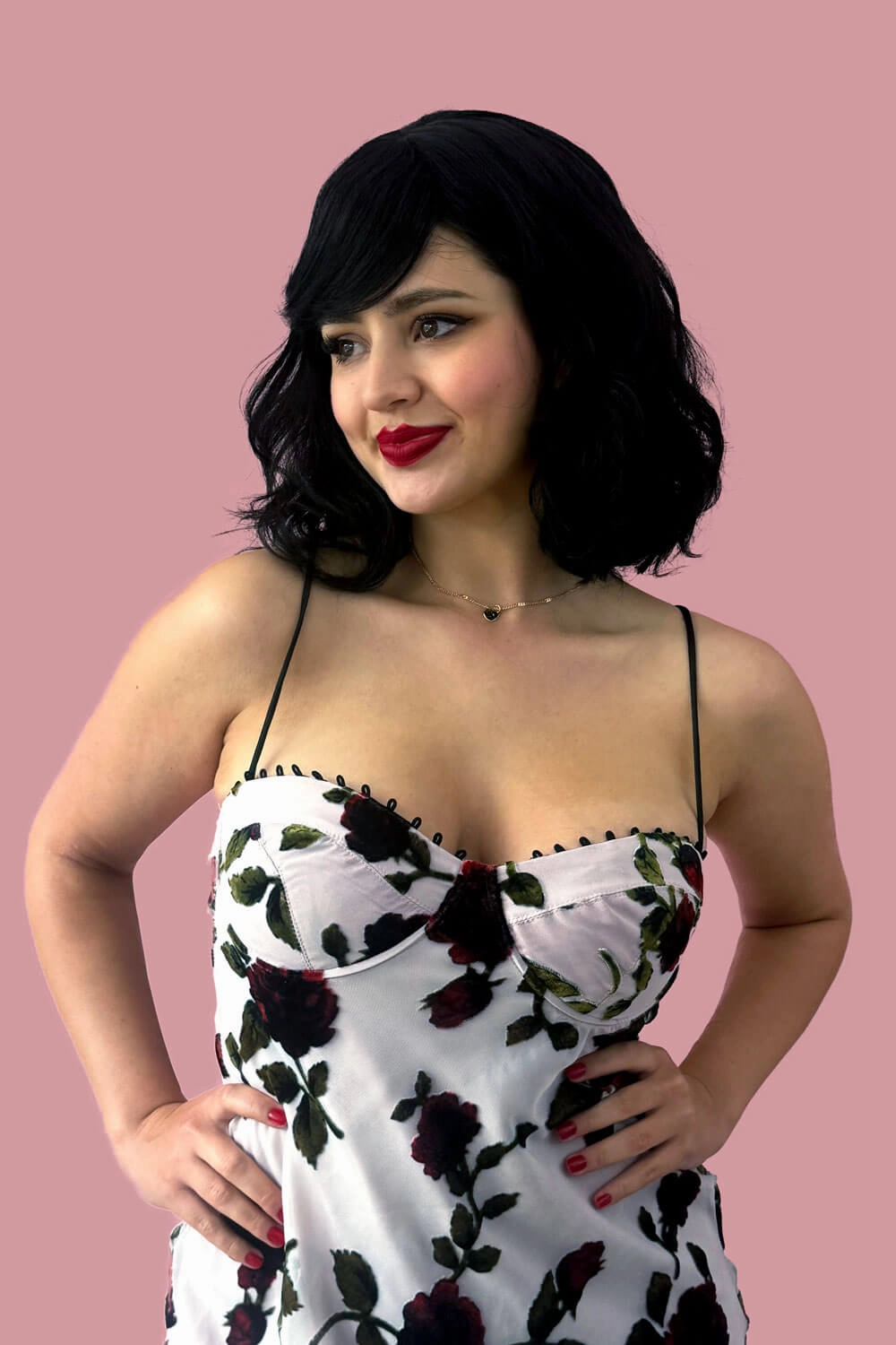 Black long wavy bob (lob) wig with swept fringe: Eleena