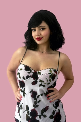 Black long wavy bob (lob) wig with swept fringe: Eleena