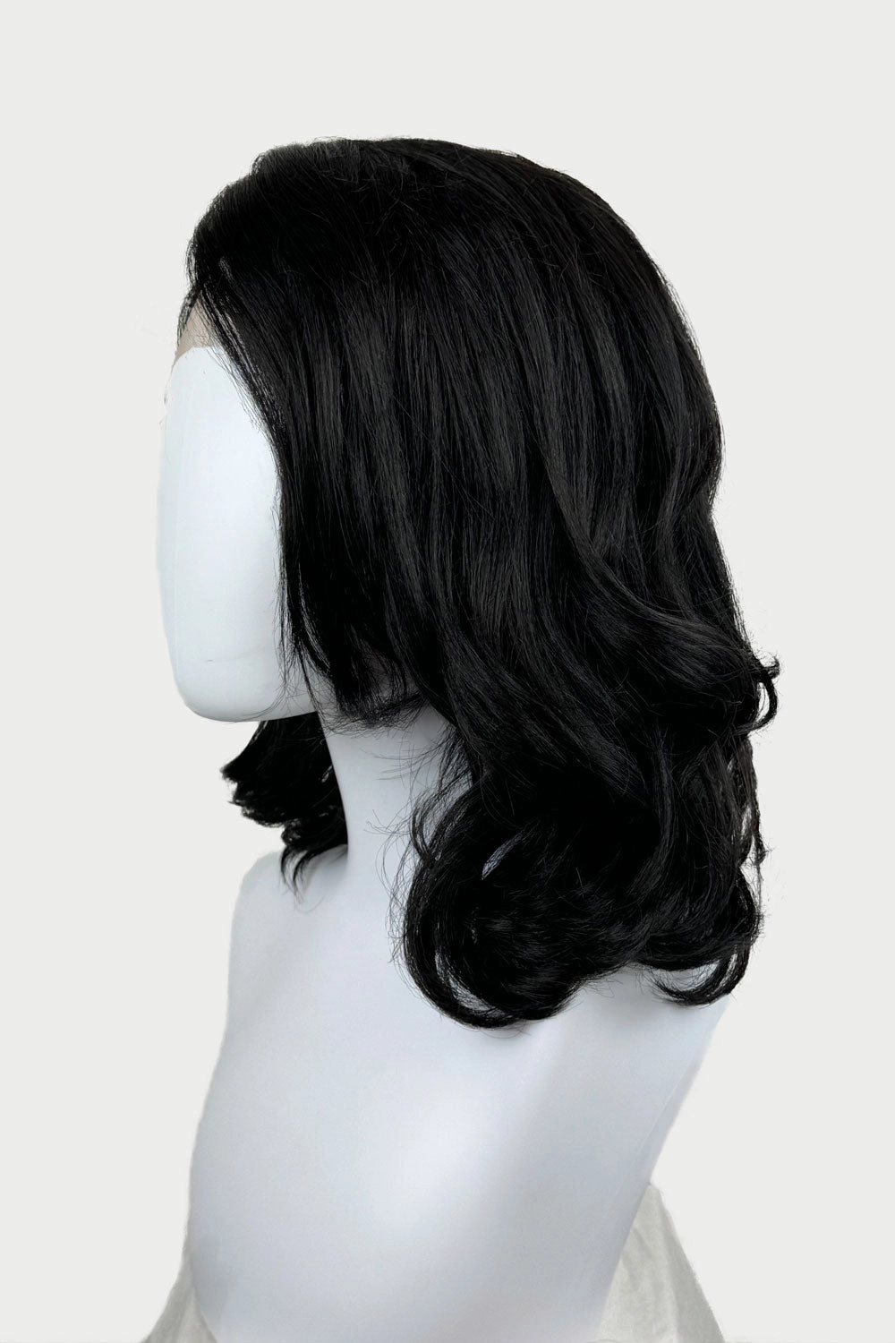 Black shoulder length long bob (lob) lacefront wig with side sweeping fringe/bangs: Amaris