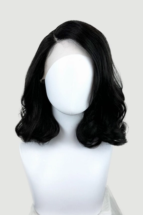 Black shoulder length long bob (lob) lacefront wig with side sweeping fringe/bangs: Amaris