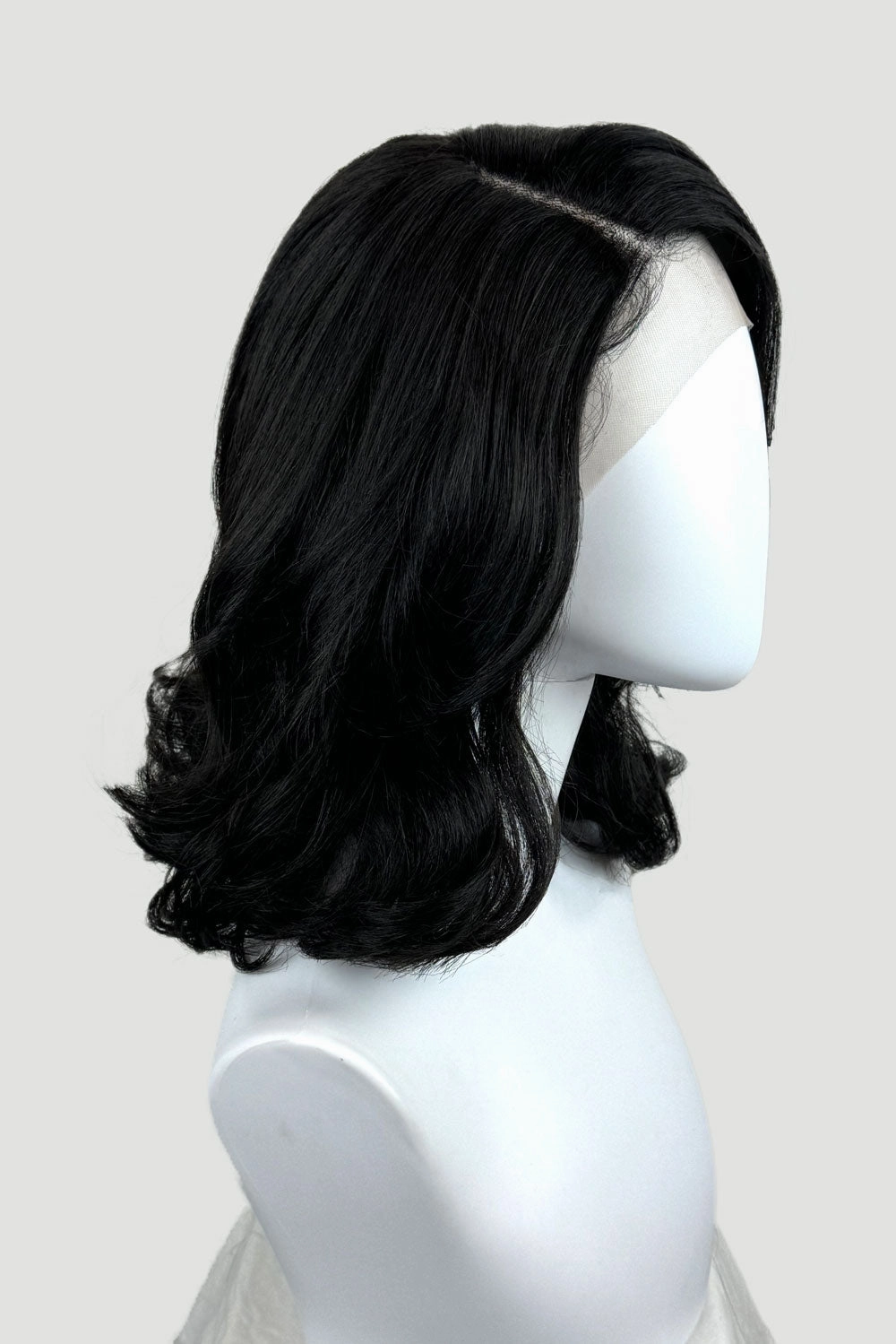 Black shoulder length long bob (lob) lacefront wig with side sweeping fringe/bangs: Amaris