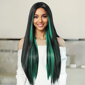 Black Wig with Emerald Green Face-Framing Highlights Wig - MARKETPLACE