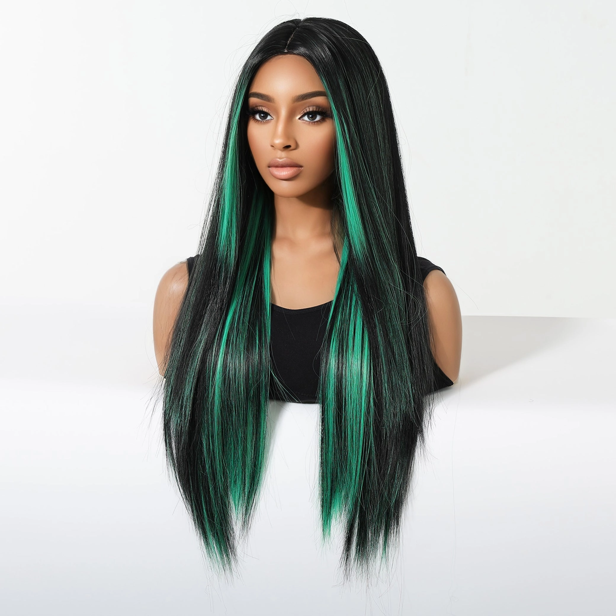 Black Wig with Emerald Green Face-Framing Highlights Wig - MARKETPLACE
