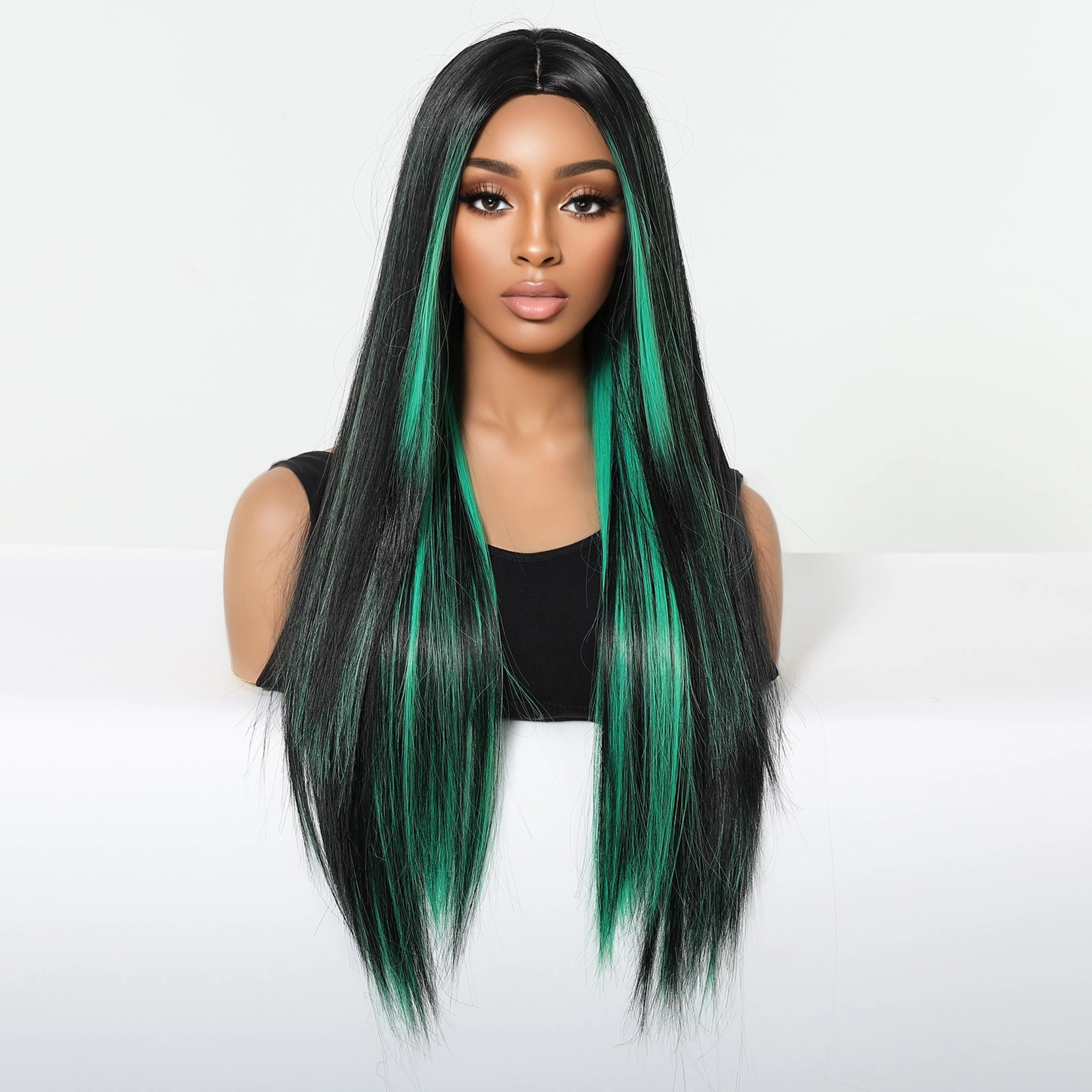 Black Wig with Emerald Green Face-Framing Highlights Wig - MARKETPLACE