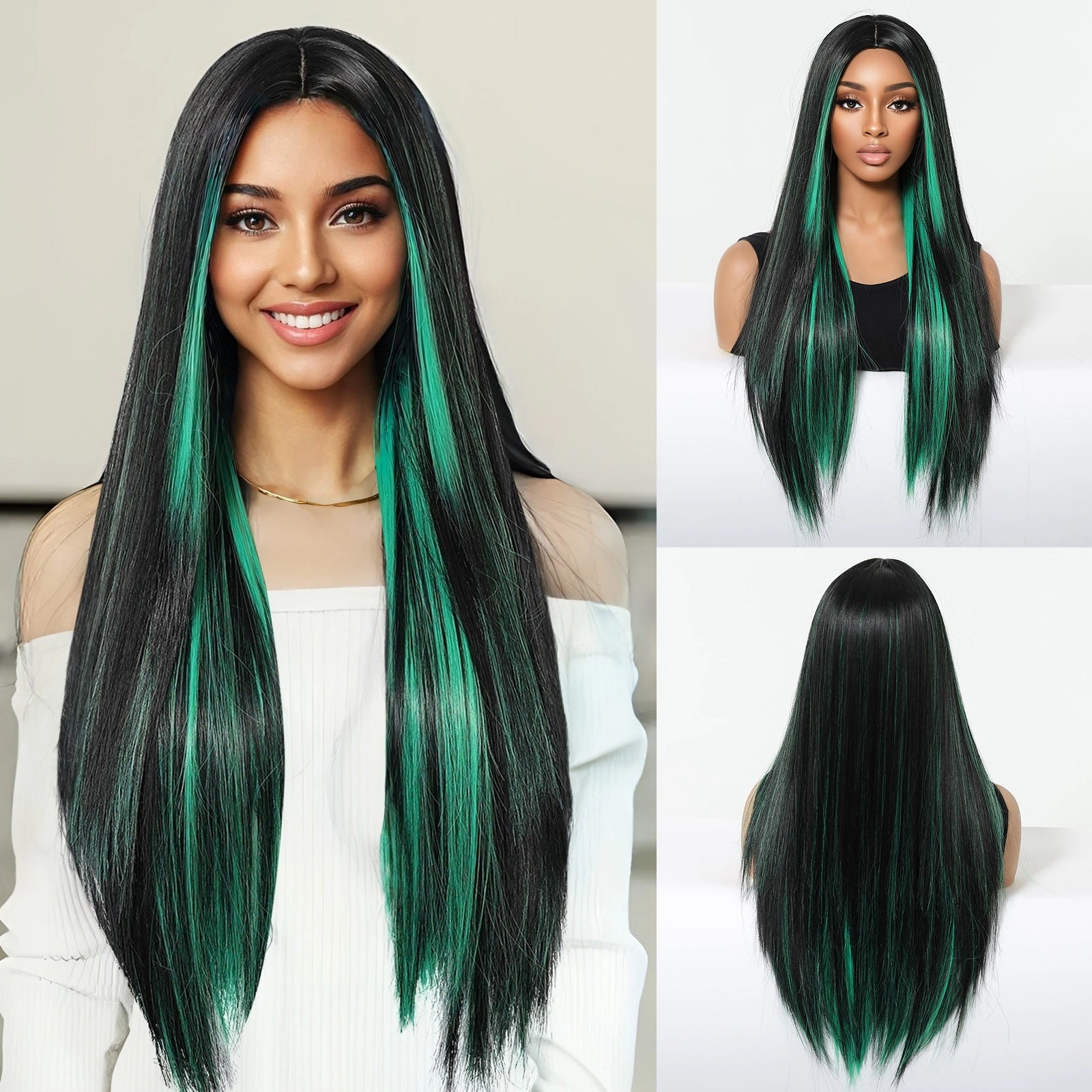 Black Wig with Emerald Green Face-Framing Highlights Wig - MARKETPLACE