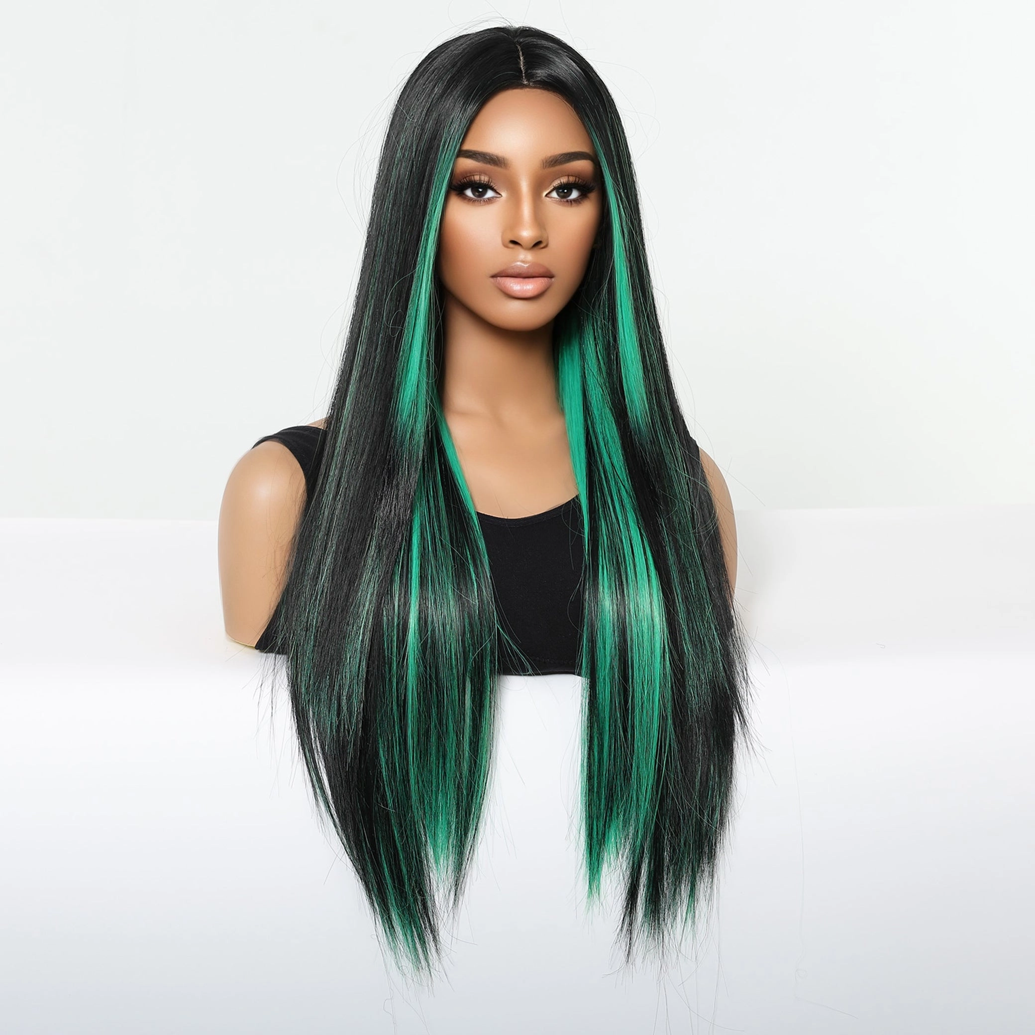 Black Wig with Emerald Green Face-Framing Highlights Wig - MARKETPLACE